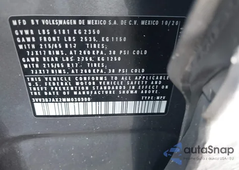 2021 Volkswagen Tiguan 2.0T Se/2.0T Se R-Line Black/2.0T Sel from USA, damaged, VIN 3VV3B7AX2MM030990